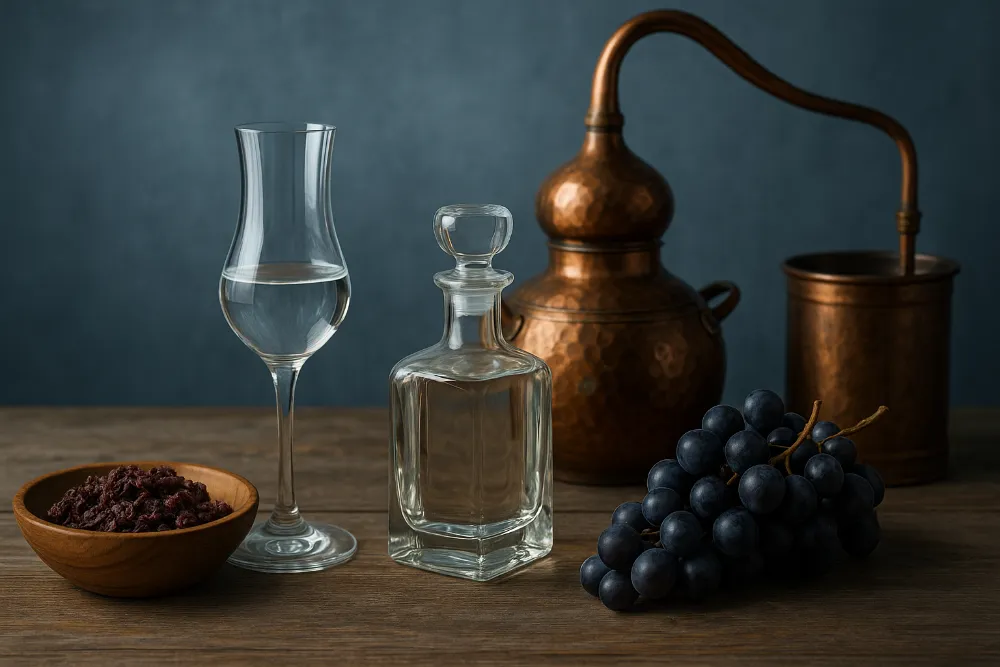 Широкоформатне фото граппи з келихом, виноградом, помацою та мідним апаратом на холодному тлі