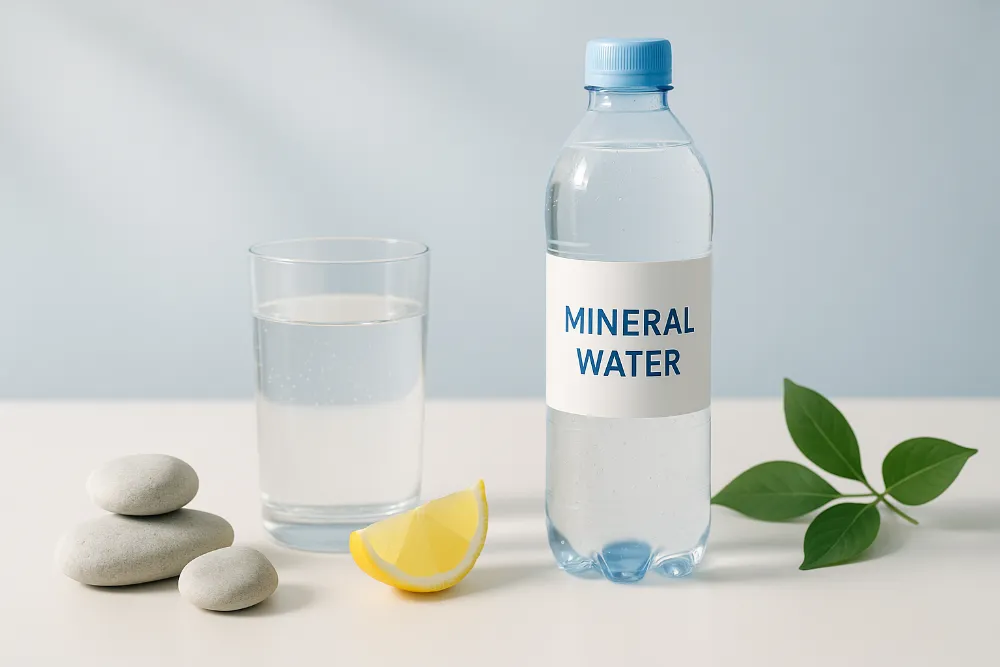 Пляшка мінеральної води з етикеткою, склянка, камінці, лимон і листя на світлому фоні