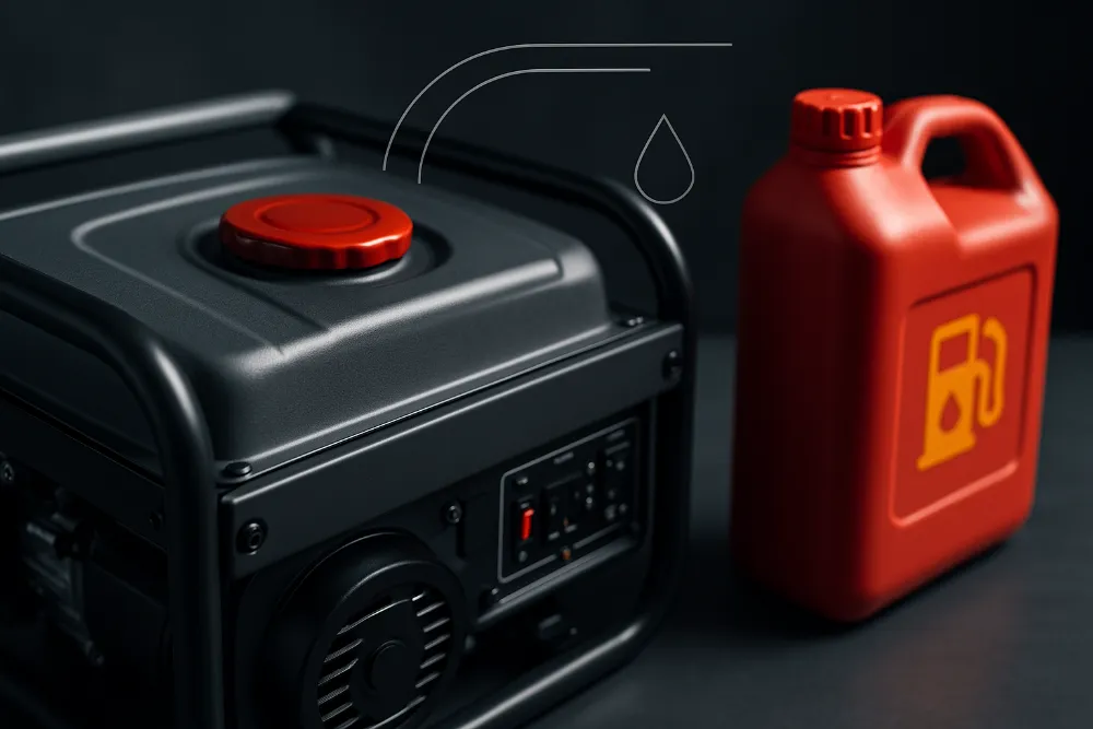 Крупний план паливного бака генератора з каністрою та інфографікою про витрату пального