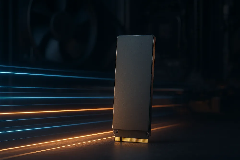 Преміальний SSD у геймерській dark-tech сцені з динамічним підсвіченням Фотореалістичний SSD у dark-tech стилі з яскравими світловими лініями та ефектом швидкості