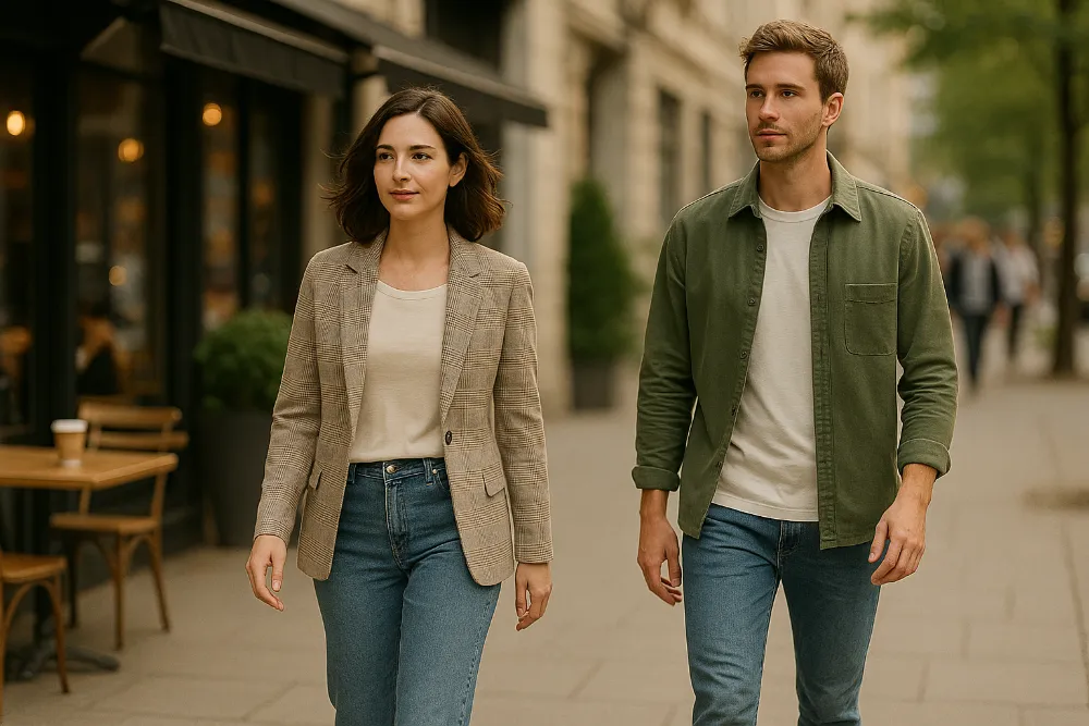 Стильна пара в сучасних casual-образах на міських вулицях Жінка і чоловік у різних кежуал-образах йдуть містом у теплому природному світлі