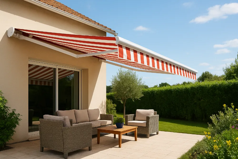 Розкладена маркіза над терасою з меблями у саду, фотографічна візуалізація