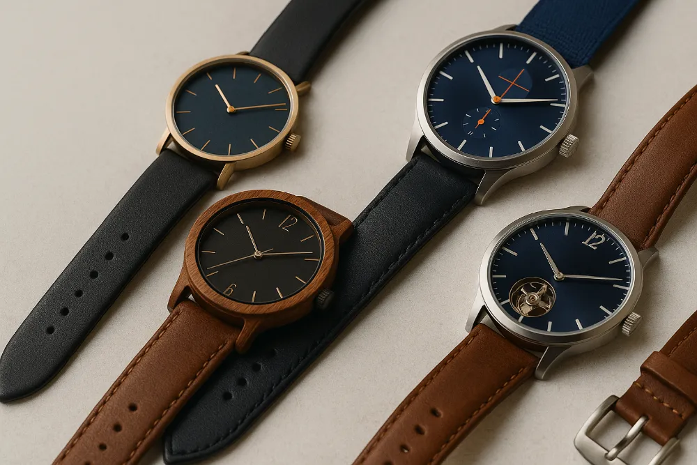 Чотири українські годинники з деревом, металом і шкірою, розкладені на світлій поверхні