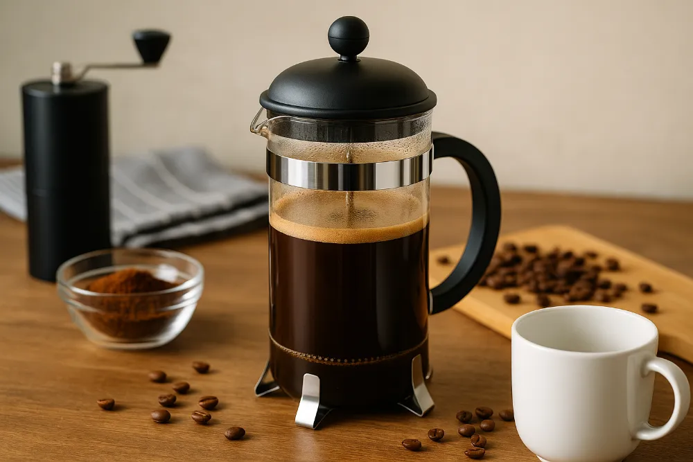 Френч-прес із свіжозавареною кавою на дерев’яному столі поруч із млином та чашкою