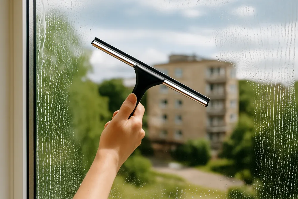 Миття вікна гумовим скребком без розводів Рука тримає скребок і витирає вікно від води, чисте скло блищить на сонці