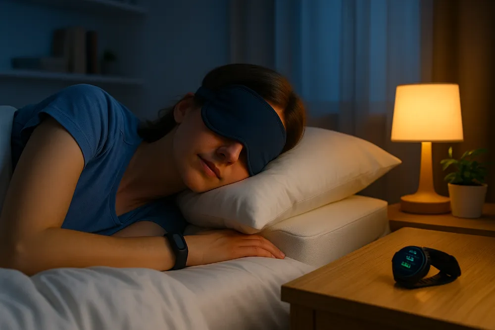 Молода жінка спить у масці для сну поруч із трекером на тумбочці в теплому освітленні