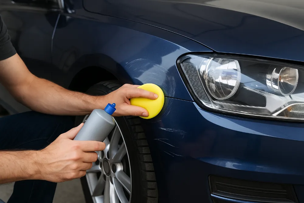 Процес полірування подряпин на синьому авто вручну з використанням пасти