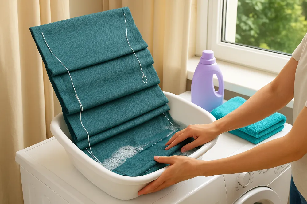 Ручне прання римських штор у домашніх умовах у тазу з водою Жінка делікатно миє римські штори у тазу на пральній машині, побутова сцена