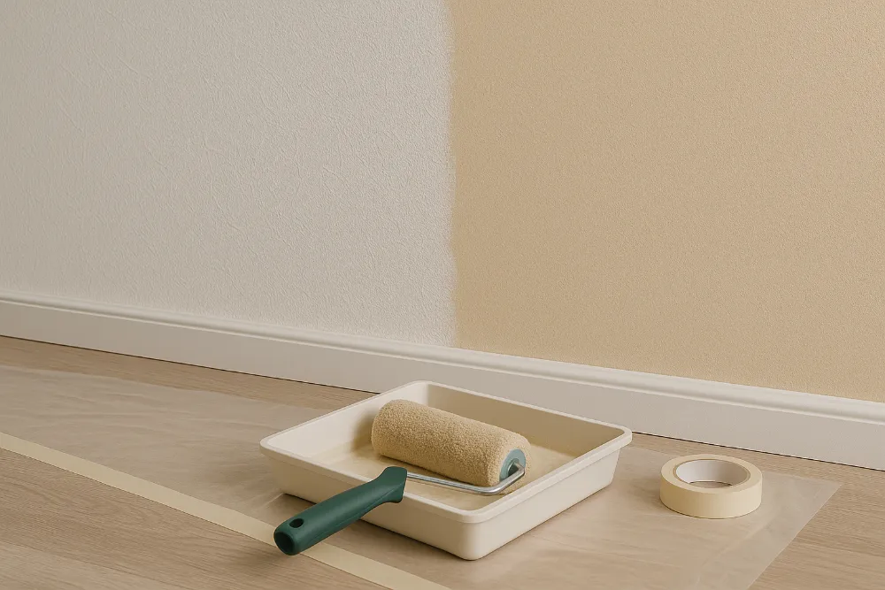 Фарбування текстурних шпалер валиком у світлий бежевий колір Валик у лотку з фарбою поруч із напівпофарбованою текстурною стіною та малярським скотчем