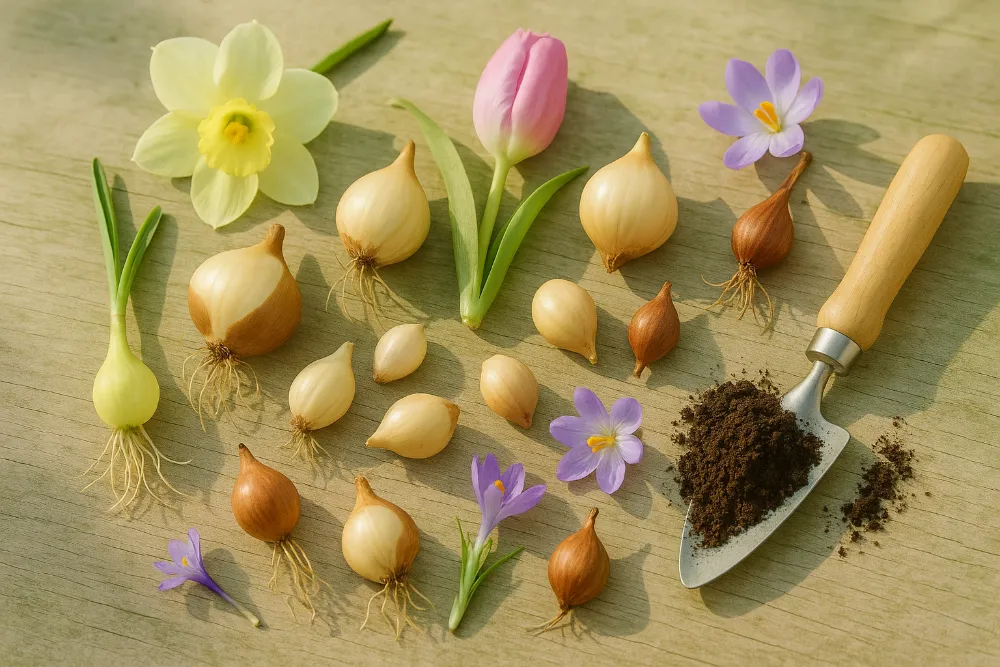 Цибулини квітів і садова лопатка у світлій натюр-морт композиції Різні цибулини квітів, крокуси й лопатка на дерев’яній поверхні у м’якому світлі