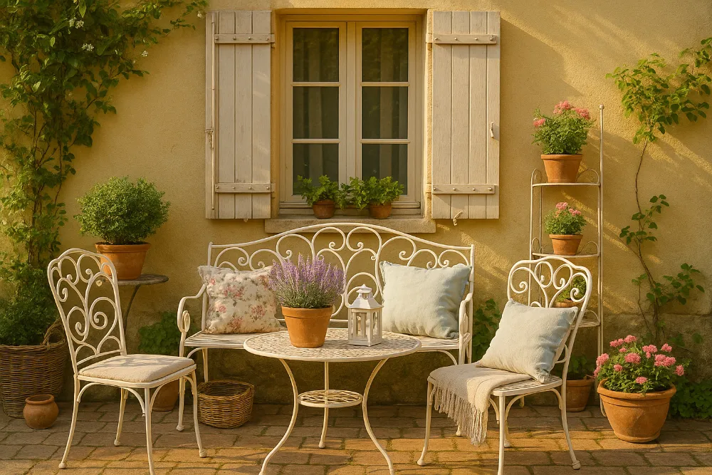 Ковані садові меблі в стилі прованс на терасі з квітами та пастельним декором