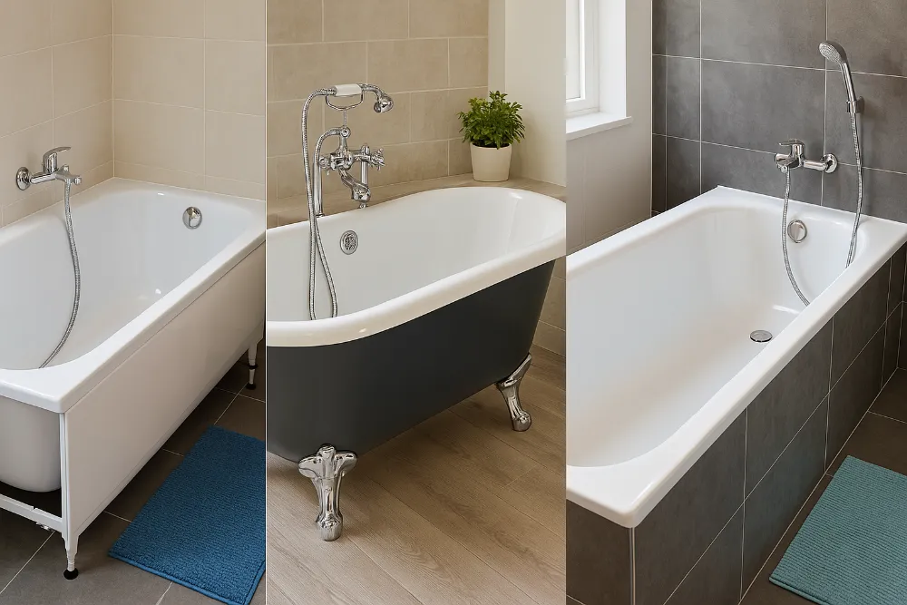 Три ванни з акрилу, чавуну та сталі у різних інтер’єрах для візуального порівняння