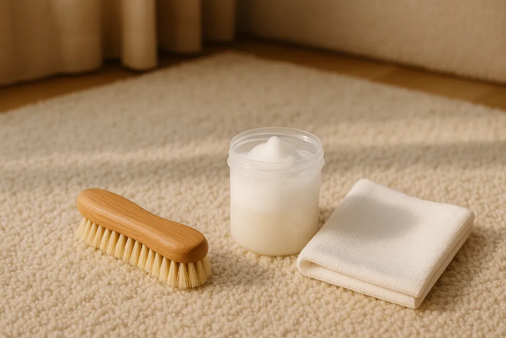 Ручна щітка, піна та мікрофібра на світлому килимі в затишній теплій кімнаті