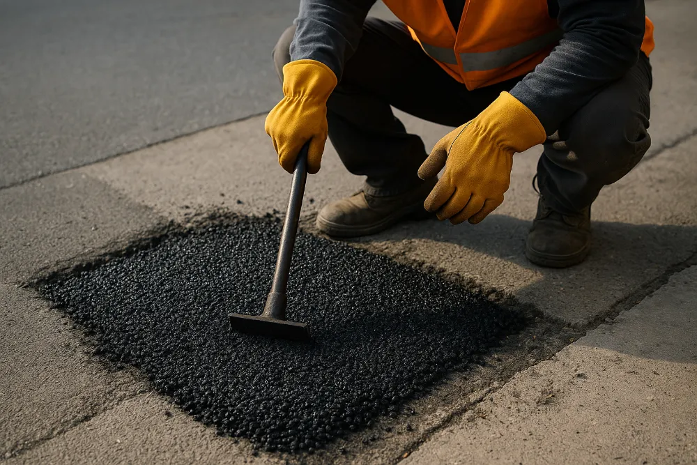 Процес укладання холодного асфальту: робітник у рукавицях трамбує матеріал на дорожній ділянці