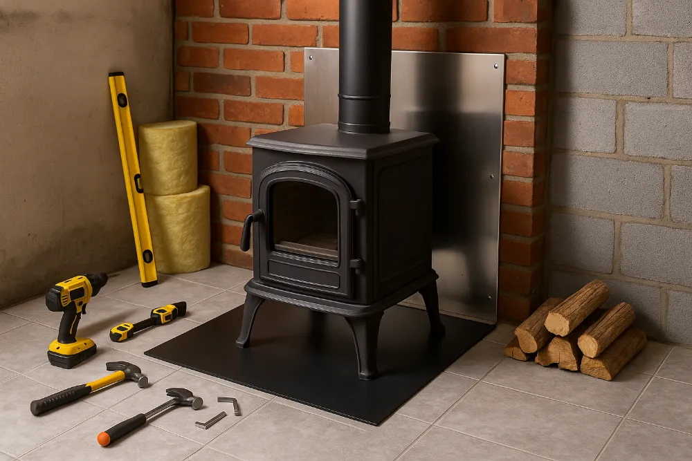 Процес монтажу буржуйки з трубою, інструментами та теплоізоляцією
