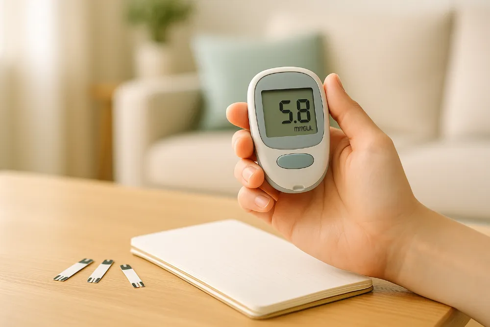 Користувач тримає глюкометр у руці, поруч на столі лежать тест-смужки та блокнот