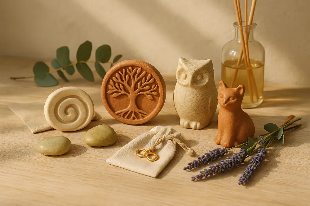 Атмосферна композиція талісманів 2026 року в теплій натуральній гамі Талісмани 2026 року на світлій дерев’яній поверхні з рослинами та декором