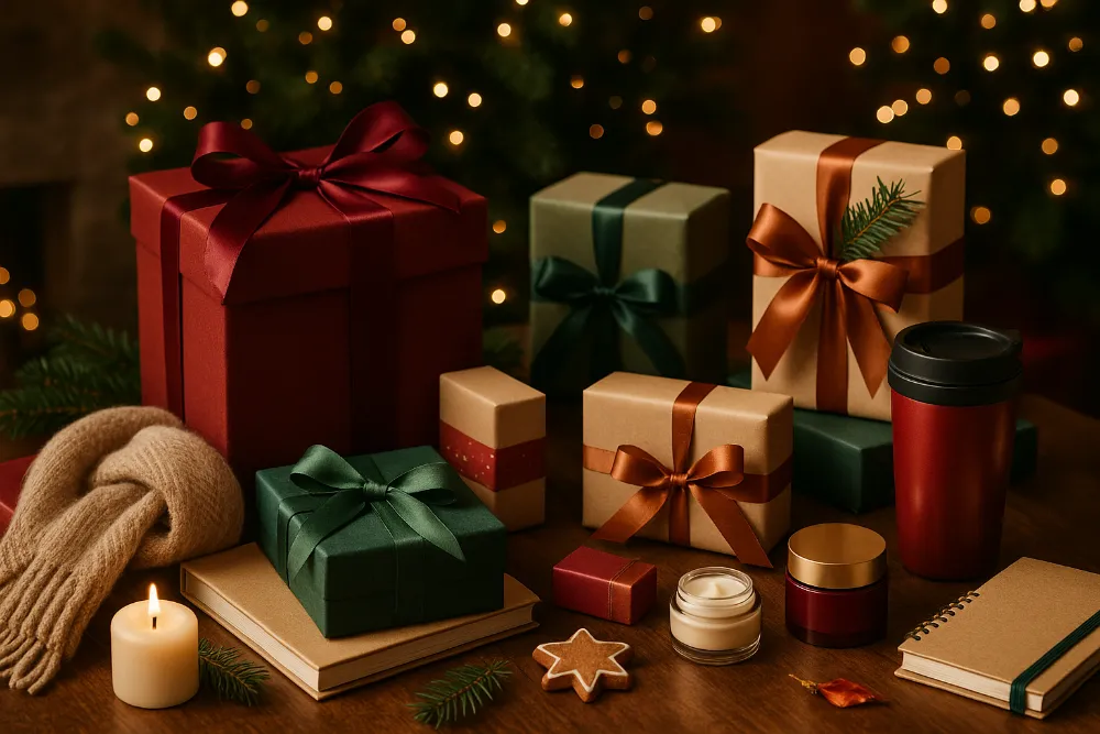 Новорічні стильні подарунки в атмосферній святковій композиції Атмосферна композиція з різними стильними новорічними подарунками на столі та святковим декором