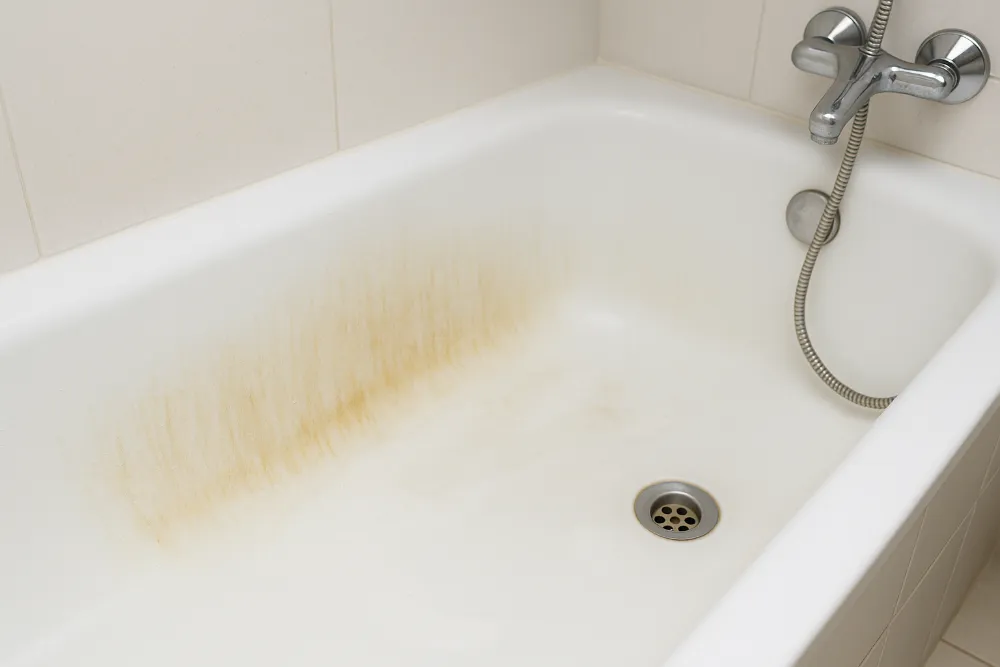 Жовтизна на поверхні ванни перед очищенням Біла ванна з вираженими жовтими плямами та нальотом уздовж стінок