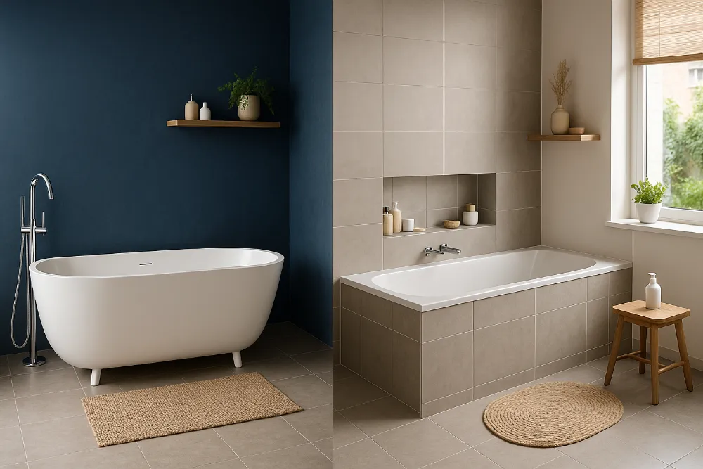 Окремостояча та вбудована ванна у сучасній ванній кімнаті Порівняння окремостоячої та вбудованої ванни в інтер’єрі сучасної ванної кімнати
