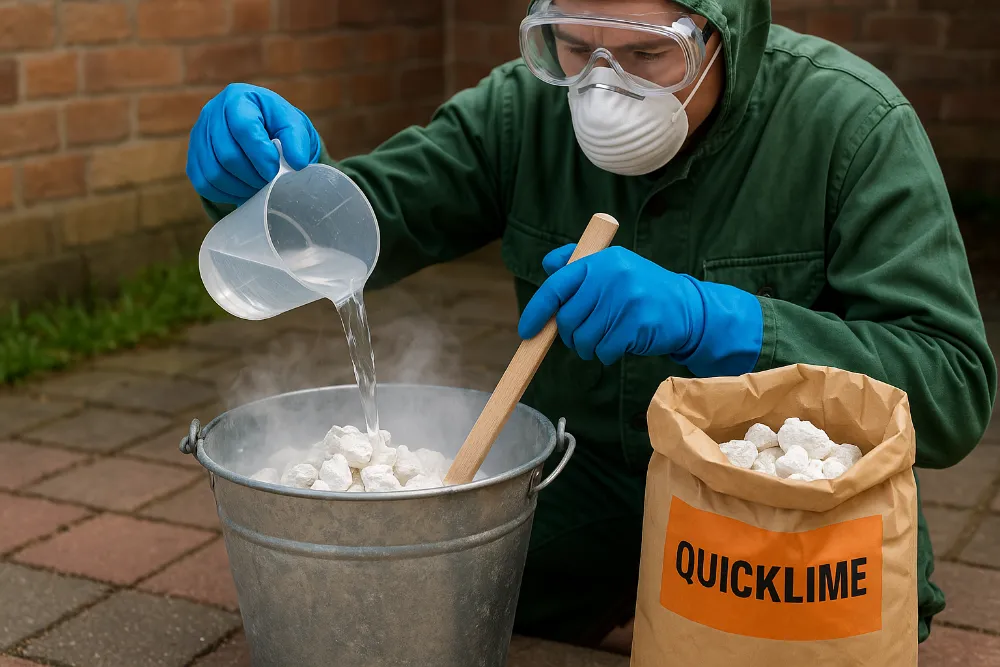 Процес гасіння вапна з дотриманням техніки безпеки Практичне гасіння вапна у відрі з використанням захисних окулярів, рукавиць і маски