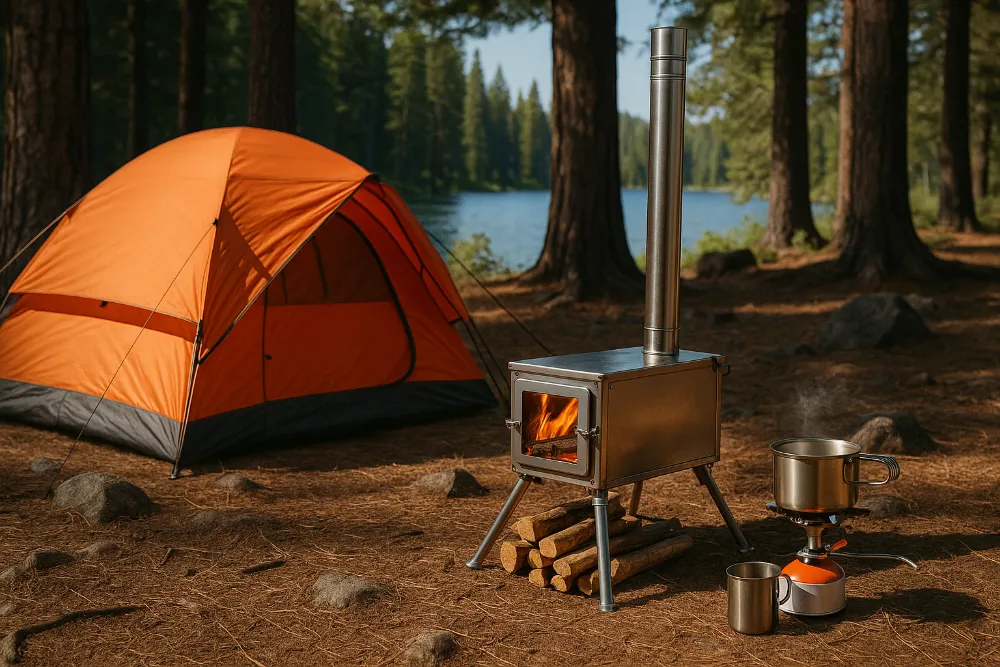 Кемпінг у лісі з дров’яною піччю та наметом біля озера Дров’яна піч і газовий пальник перед наметом у лісовому кемпінгу біля озера