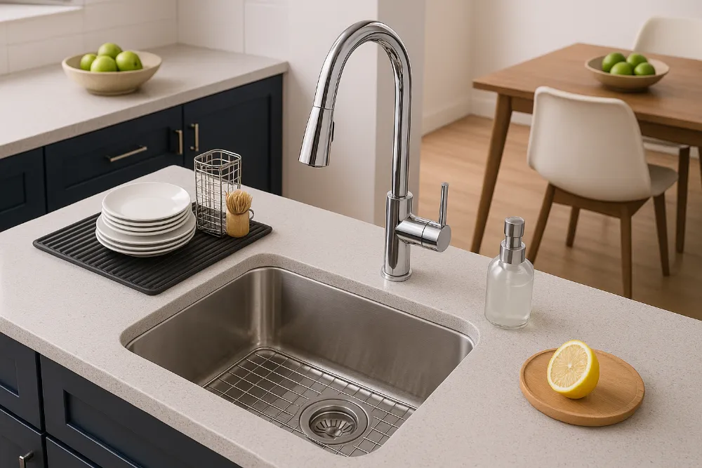 Сучасна кухонна мийка з нержавійки у світлому інтер’єрі Фотореалістична сучасна кухонна мийка з нержавійки та змішувачем у світлому інтер’єрі