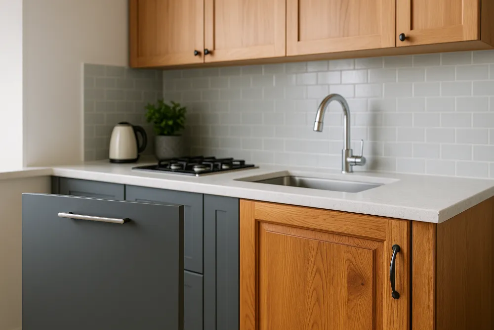 Порівняння фасадів МДФ і масиву в сучасній кухні Сучасна кухня з фасадами МДФ та масиву поруч для візуального порівняння