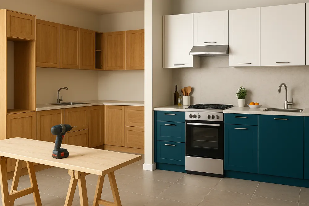 Порівняння кухні на замовлення та модульного гарнітура в інтер’єрі Інтер’єр із кухнею на замовлення поруч із модульною кухнею для порівняння дизайну та функціональності