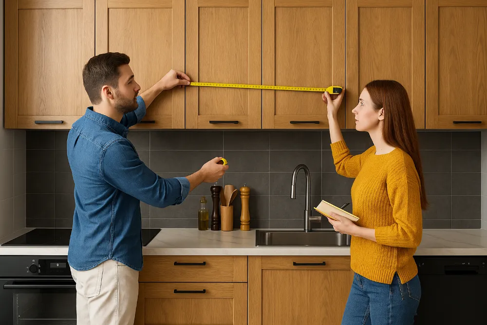 Пара вимірює верхні кухонні шафи перед вибором меблів Чоловік і жінка проводять заміри кухонних шаф, готуючись до вибору меблів