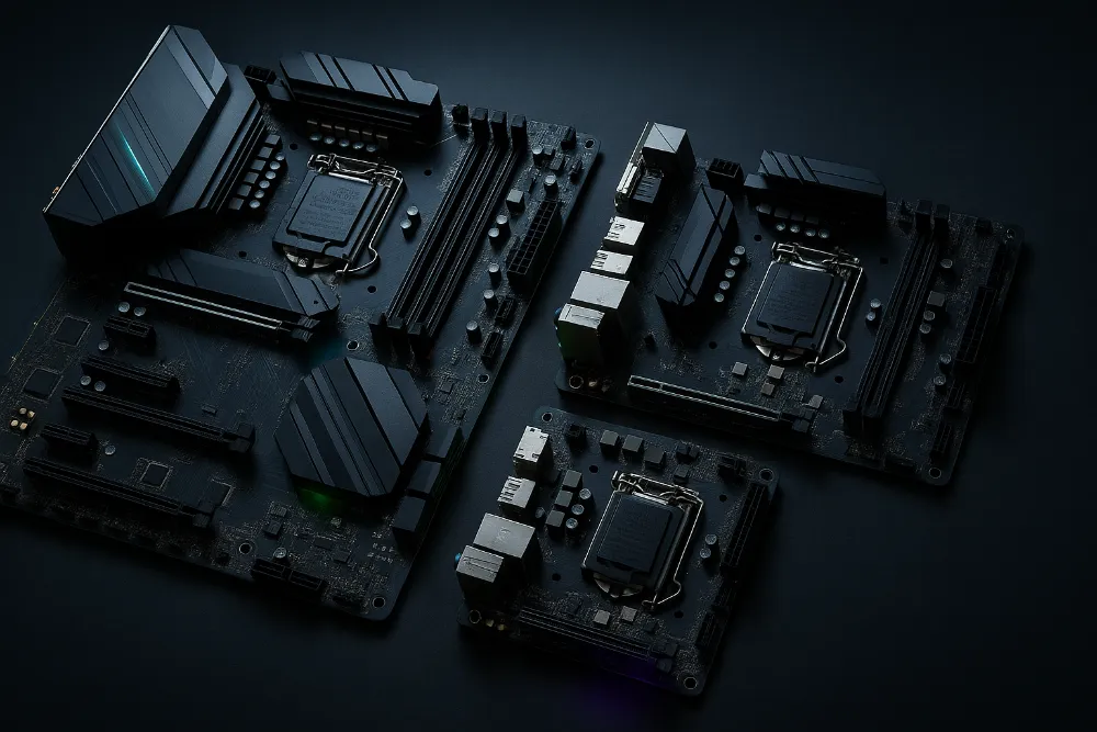 Порівняння форм-факторів материнських плат ATX, Micro-ATX і Mini-ITX Три материнські плати ATX, Micro-ATX і Mini-ITX у преміальній тех-сцені на темній поверхні