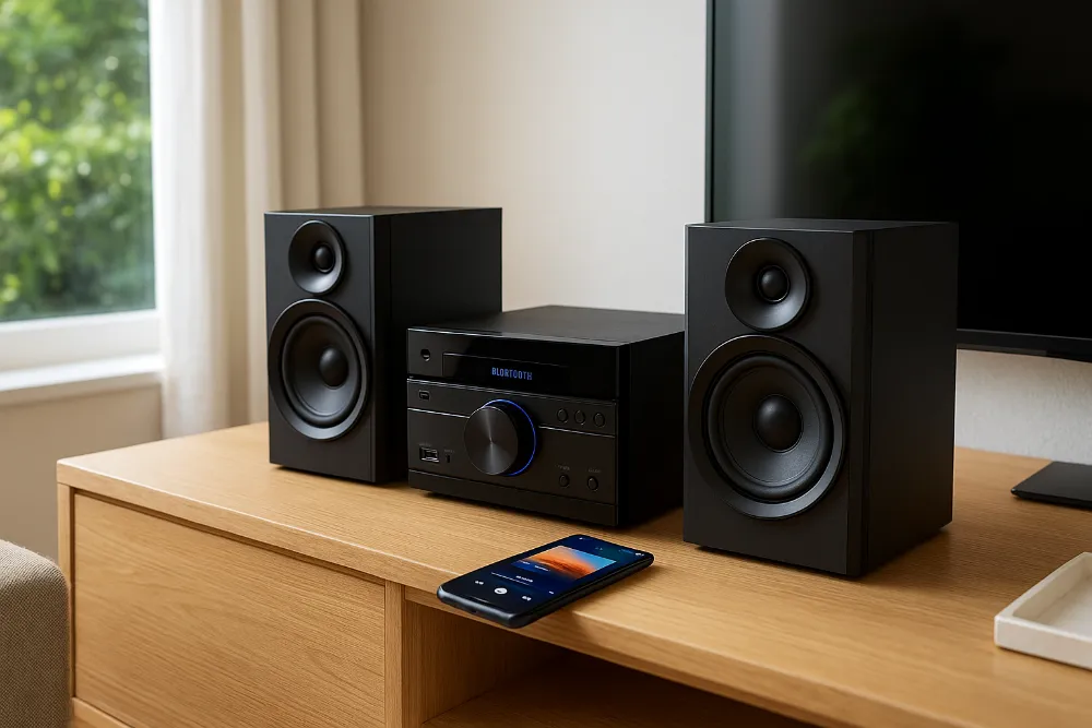 Музичний центр у сучасній вітальні на тумбі з колонками Реалістичне фото музичного центру з двома колонками в яскравій сучасній вітальні