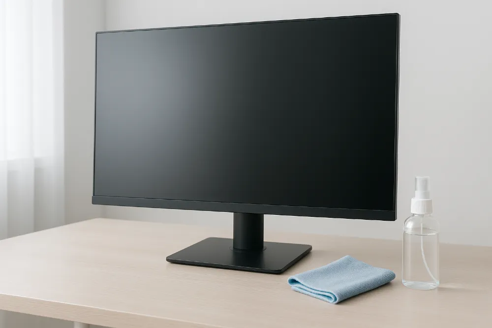Монітор на чистому столі з мікрофіброю та спреєм для догляду Мінімалістичний стіл з монітором, мікрофіброю та прозорим спреєм для очищення