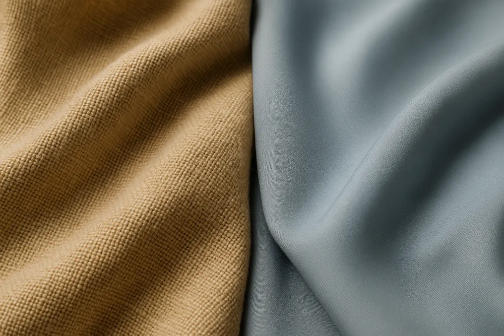 Натуральна бежево-лляна й синтетична сіро-блакитна тканини поруч для порівняння текстур