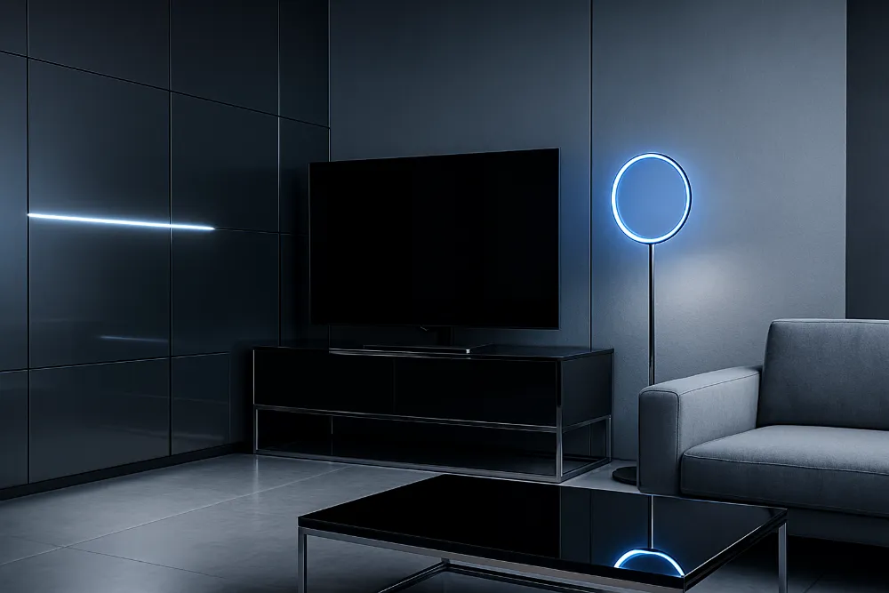 Ультрасучасний інтер’єр хай-тек з LED-підсвіткою та мінімалістичними меблями Фрагмент хай-тек інтер’єру з чорним склом, металевими акцентами та синьою LED-підсвіткою