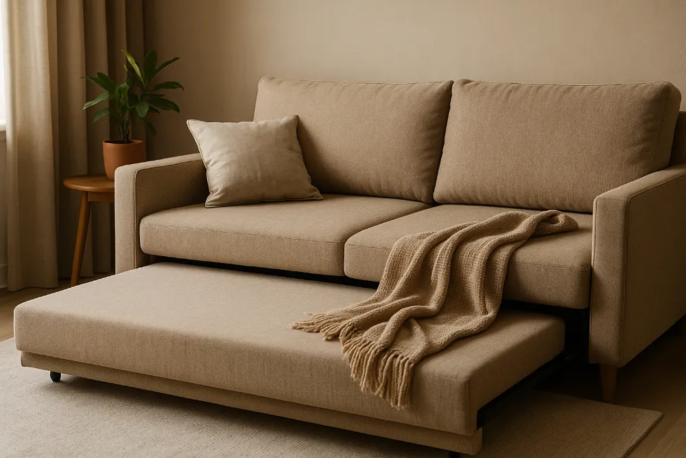 Сучасний розкладний диван у теплих тонах для щоденного сну Інтер’єрна сцена з сучасним напіврозкладеним диваном, пледом і подушкою