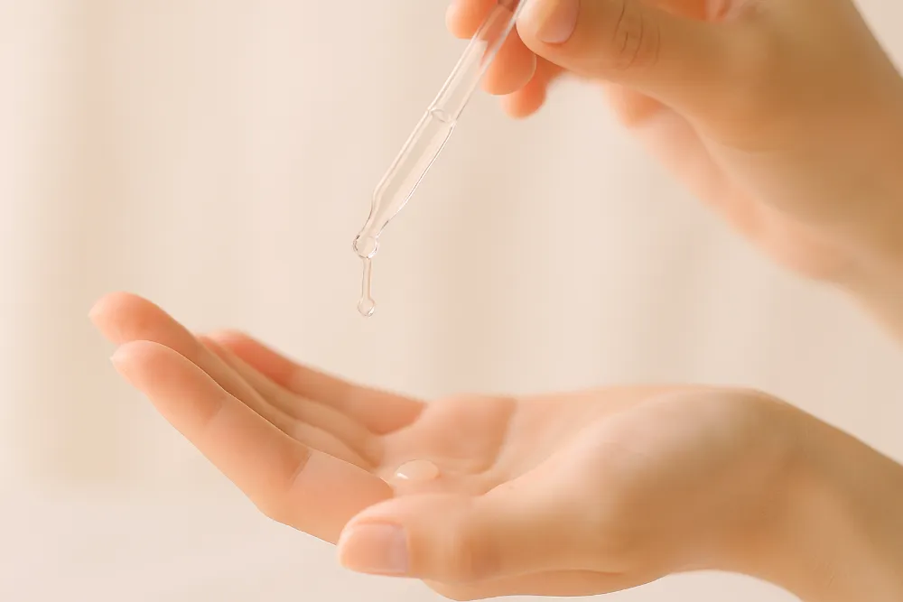 Крапля прозорої сироватки, що падає з піпетки на долоню Піпетка з краплею прозорої сироватки, яка повільно падає на долоню у світлій beauty-сцені