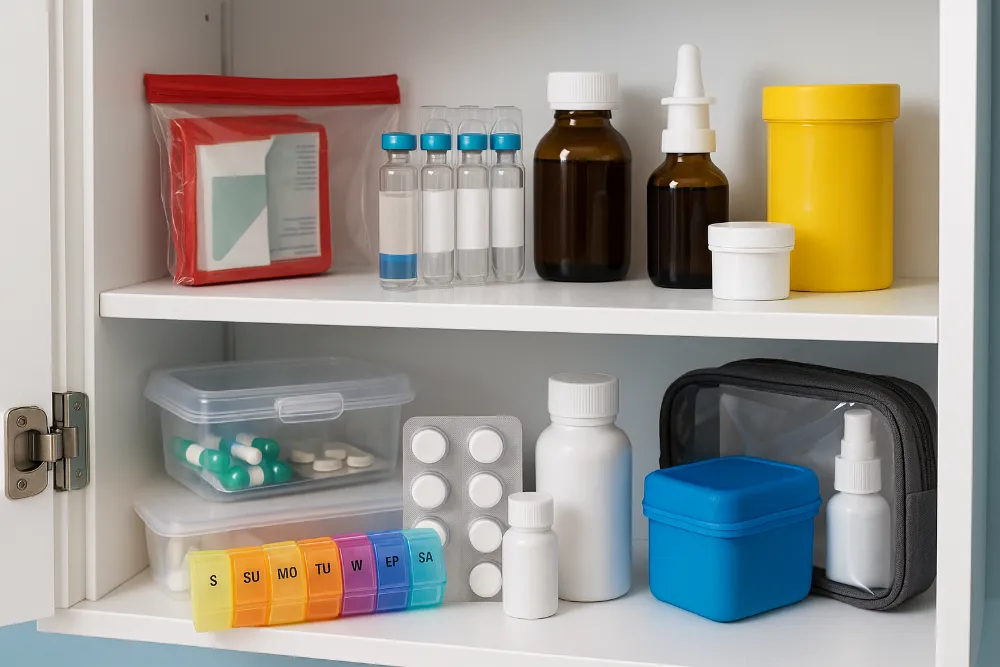 Організована домашня аптечка з препаратами та контейнерами Відкрита шафка з ліками, органайзерами та контейнерами для правильного зберігання