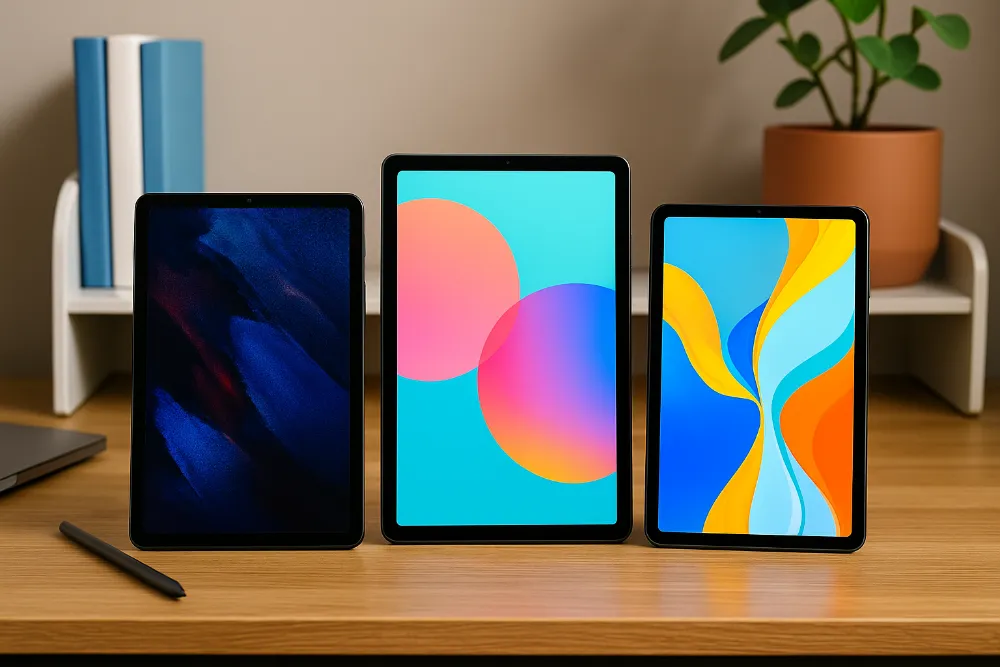 Порівняння Android-планшетів Samsung, Lenovo та Huawei на столі Три Android-планшети Samsung, Lenovo та Huawei на робочому столі з увімкненими екранами