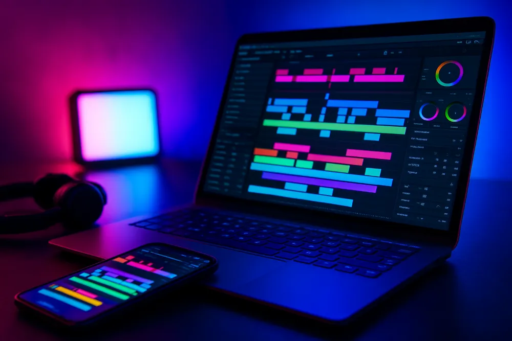 Ноутбук і смартфон з кольоровим відеотаймлайном у неоновому освітленні, поруч навушники