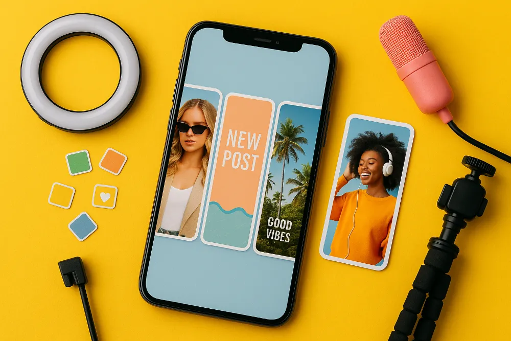 Смартфон із прикладами сторіс та інструментами для створення контенту Смартфон зі сторіс на екрані, поруч мікрофон, штатив і кільцева лампа на жовтому фоні
