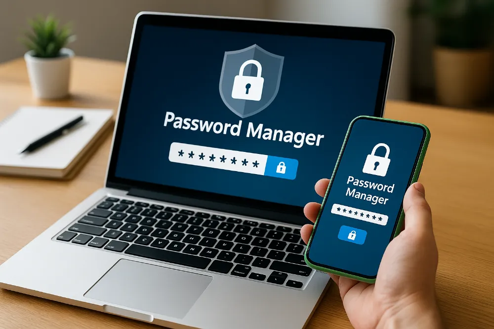 Користувач працює з менеджером паролів на ноутбуці та смартфоні Людина користується менеджером паролів на ноутбуці й смартфоні, іконка замка на екранах