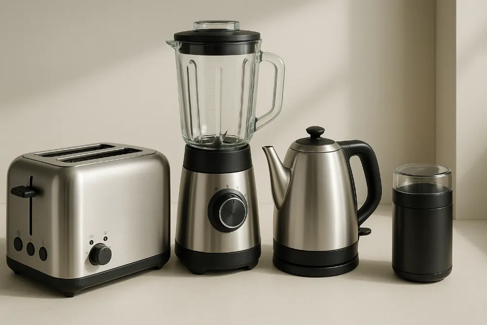 Стильна студійна експозиція сучасної кухонної техніки Сучасні кухонні прилади — тостер, блендер, електрочайник і кавомолка, зняті у стильній студійній композиції