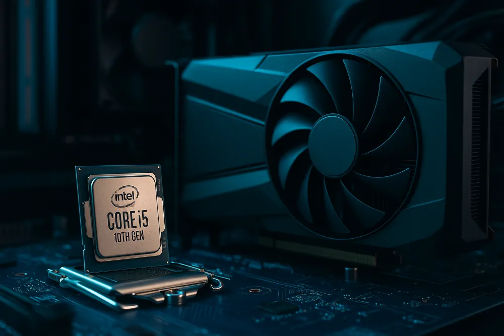 Процесор Intel Core i5 10400F поруч з ігровою відеокартою у ПК-збірці Фотореалістичне зображення Intel Core i5 10400F та відеокарти в системному блоці