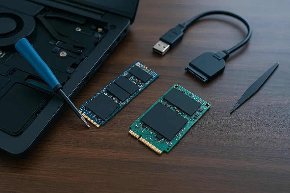 SSD і інструменти для модернізації ноутбука Ноутбук із відкритою кришкою та M.2 SSD, розташованими поруч на столі для апгрейду