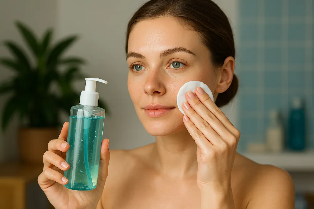 Використання тоніка для обляччя Жінка протирає обличчя ватним диском змоченим у тонік у світлій атмосфері домашньої ванної кімнати