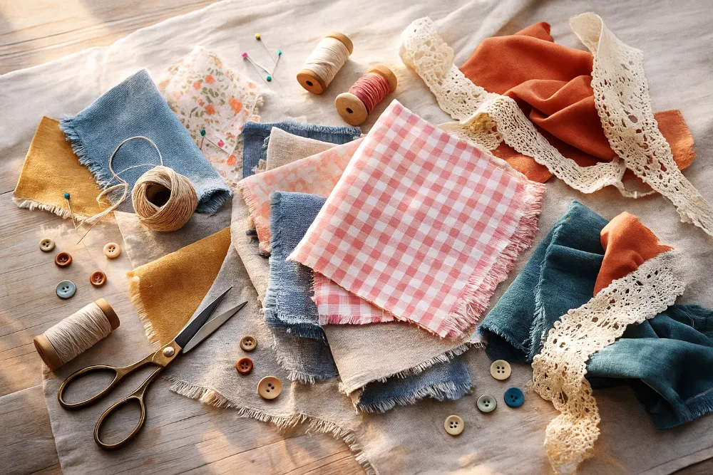 Творча композиція з клаптиків тканини та рукодільних матеріалів Кольорові клаптики тканини, нитки, ножиці й ґудзики на світлій поверхні