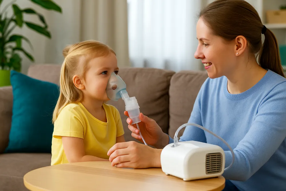 Мама робить інгаляцію дитині за допомогою небулайзера вдома Дитина з маскою небулайзера та мама поруч під час домашньої інгаляції