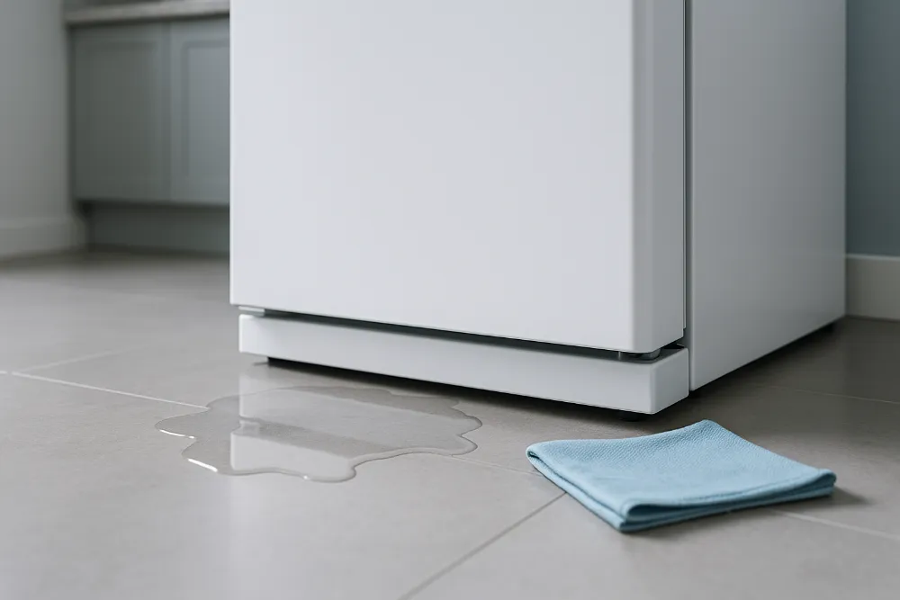 Калюжа води під холодильником під час діагностики протікання Нижня частина холодильника з водою на підлозі та мікрофібровою ганчіркою nearby