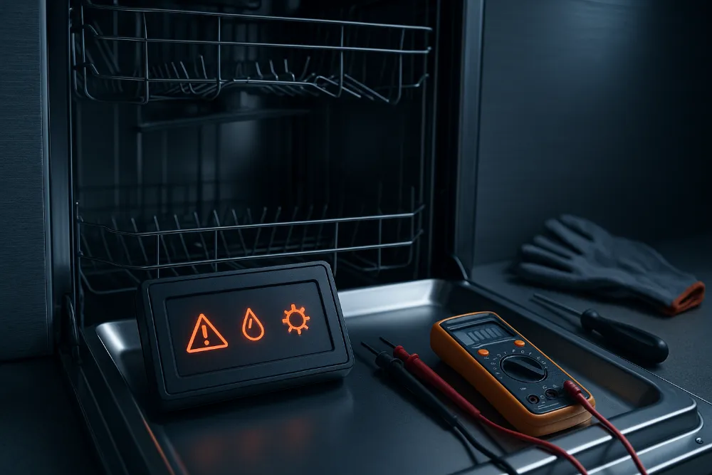Діагностика посудомийної машини з індикаторами помилок Відкрита посудомийна машина з абстрактними індикаторами помилок та інструментами для перевірки